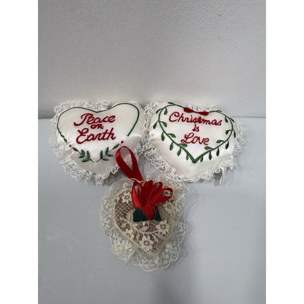 1985 Lot Russ Berrie White Satin Christmas Embroidery Ornaments Country Decor